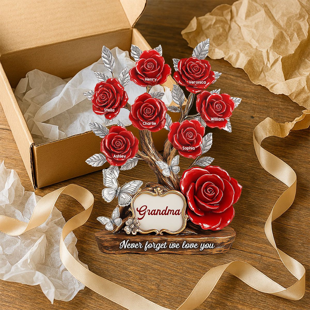 Mom Grandma & Kids Names On Roses Personalized Acrylic Block Plaque