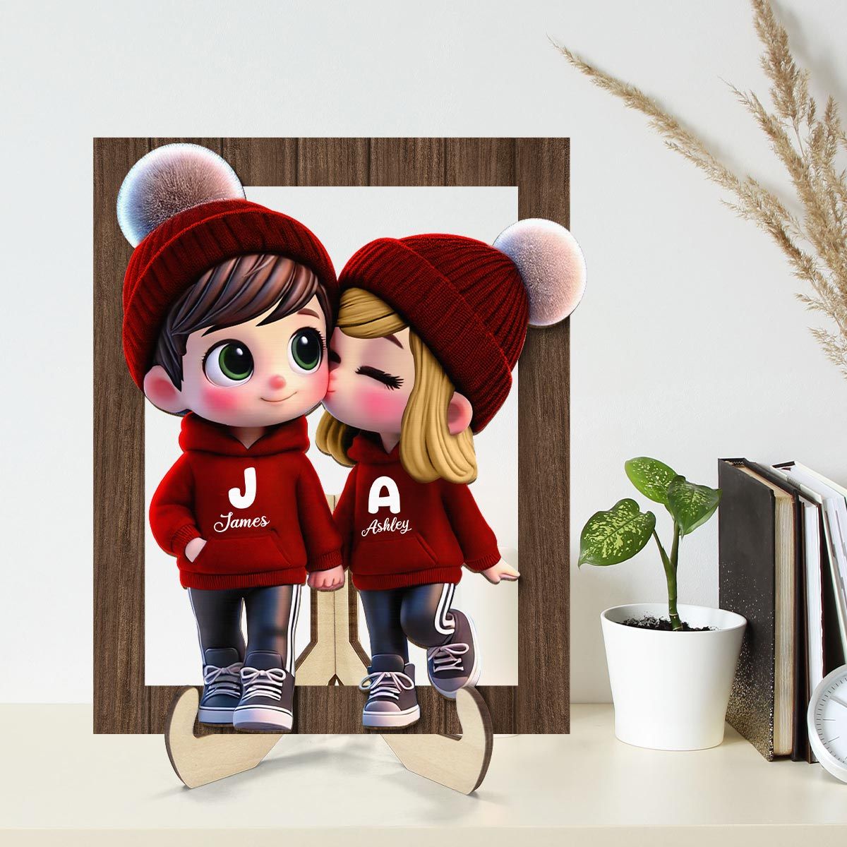 Cute Cartoon Couple Walking Personalized 2-Layered Wooden Plaque, Gift for him, Gift for her