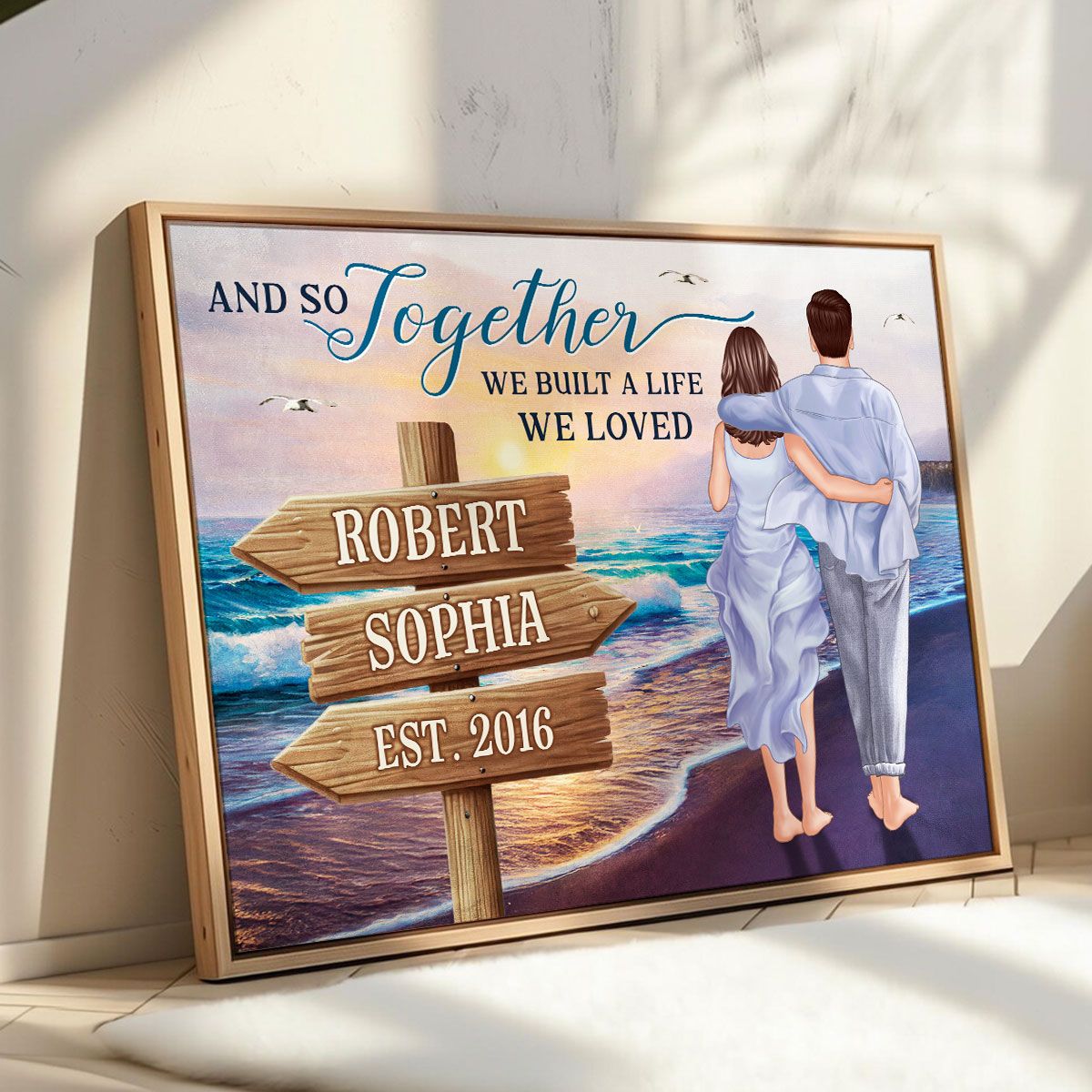 Couple Embracing & Walking On The Beach Personalized Canvas, Heartfelt Gift For Couple, For Him, For Her, Boyfriend, Girlfriend, Husband, Wife