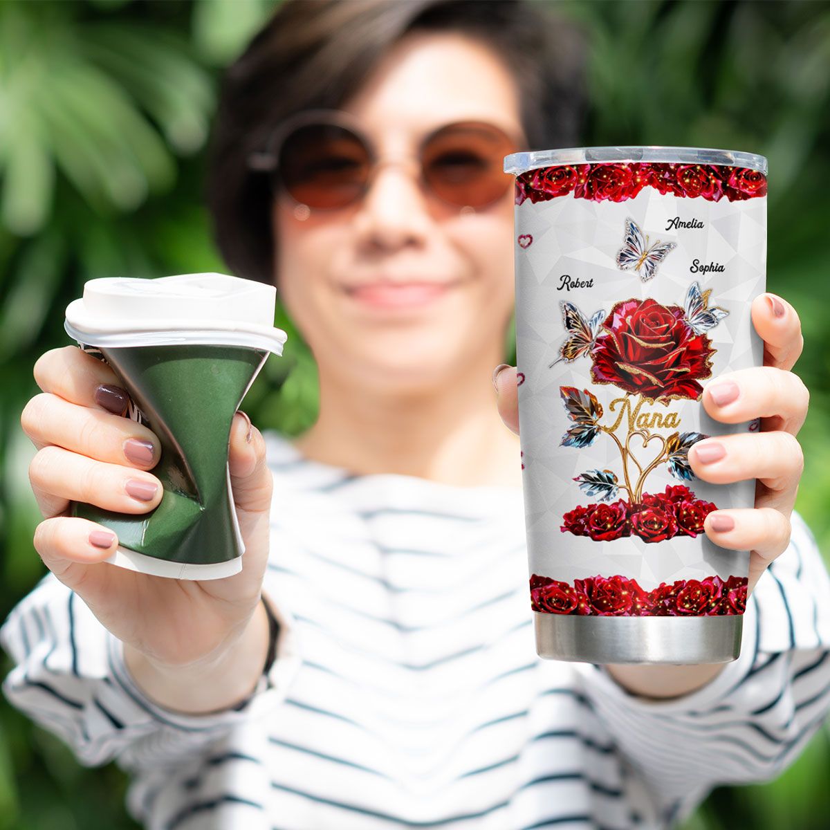 Beautiful Rose & Butterflies Gift For Grandma Mom 3D Effect Personalized Tumbler