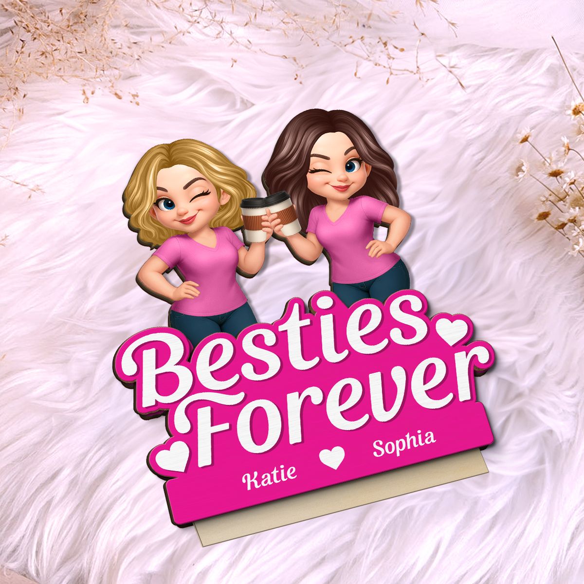 Beautiful Besties Pink Tone Personalized Flat 2-Layer Standing Wooden Plaque