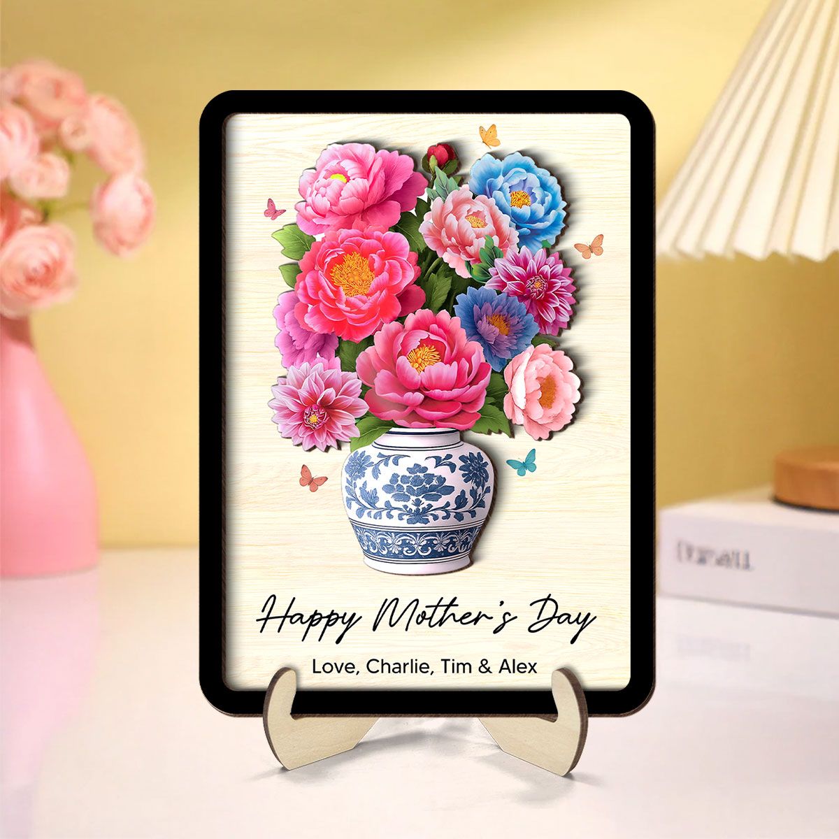 Flower Bouquet Personalized 2-Layer Wooden Plaque, Heartfelt 2025 Mother's Day Gift For Mom, For Grandma, For Wife