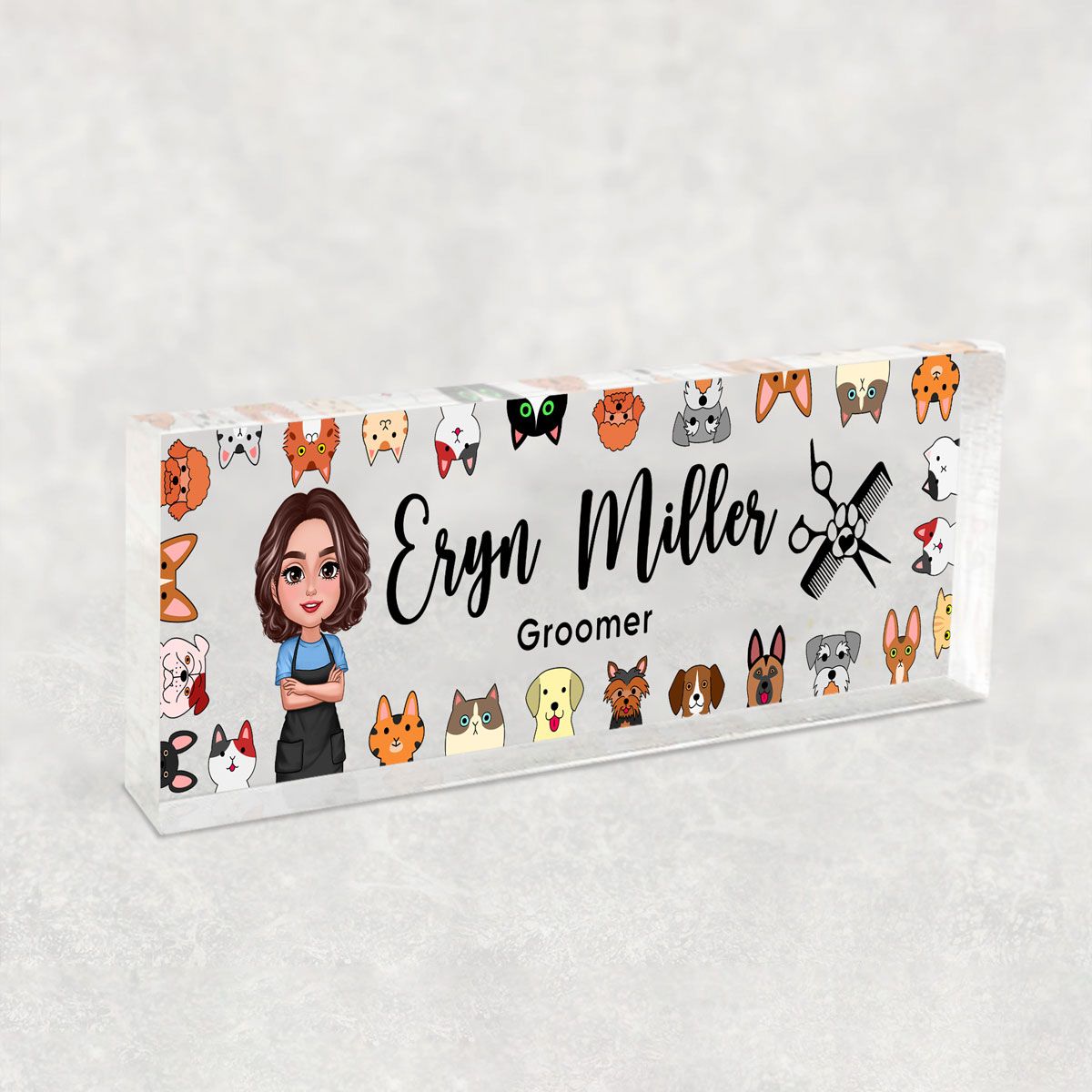 Dog Cat Groomer Personalized Acrylic Desk Name Plate, Office Decor