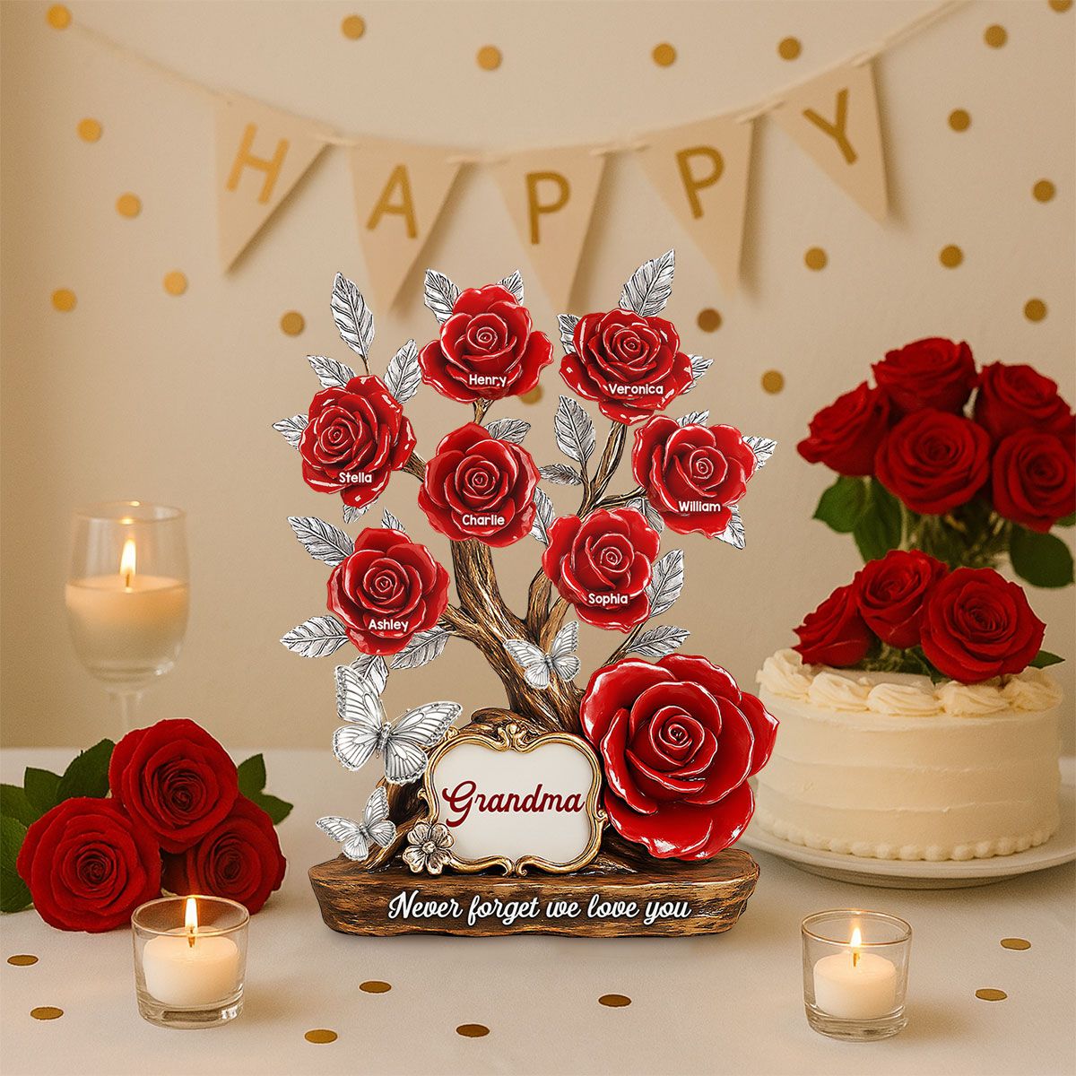 Mom Grandma & Kids Names On Roses Personalized Acrylic Block Plaque