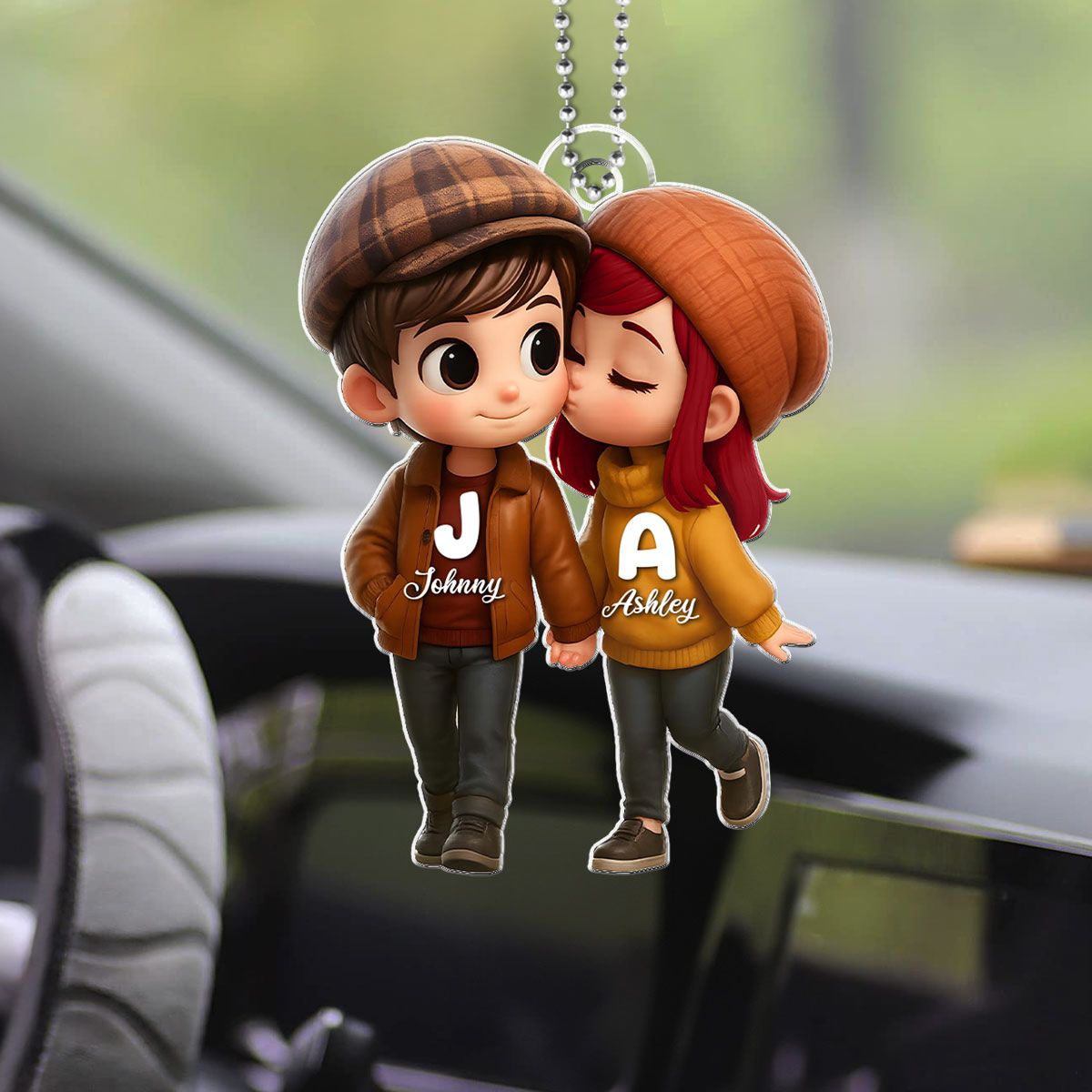 Fall Season 3D Effect Cute Cartoon Couple Walking Personalized Car Ornament, Perfect Gift for him, Gift for her