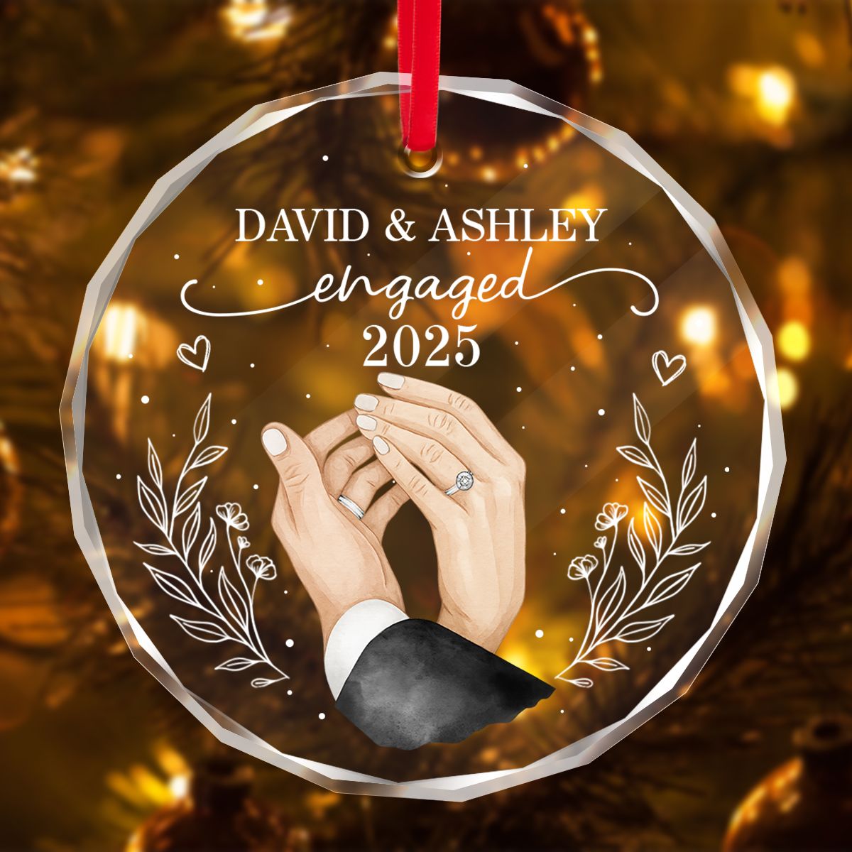 Couple Hands Forever Love First Christmas Engaged Personalized Glass Ornament, Gift For Newly Engaged Couple