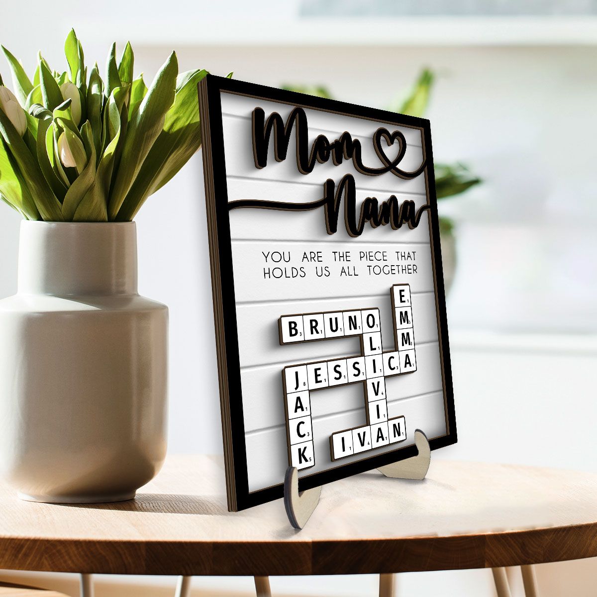 Mothers Day Crossword Puzzle Art for Mom & Grandma, You are the Piece That Holds us Together Personalized 2-Layered Wooden Plaque