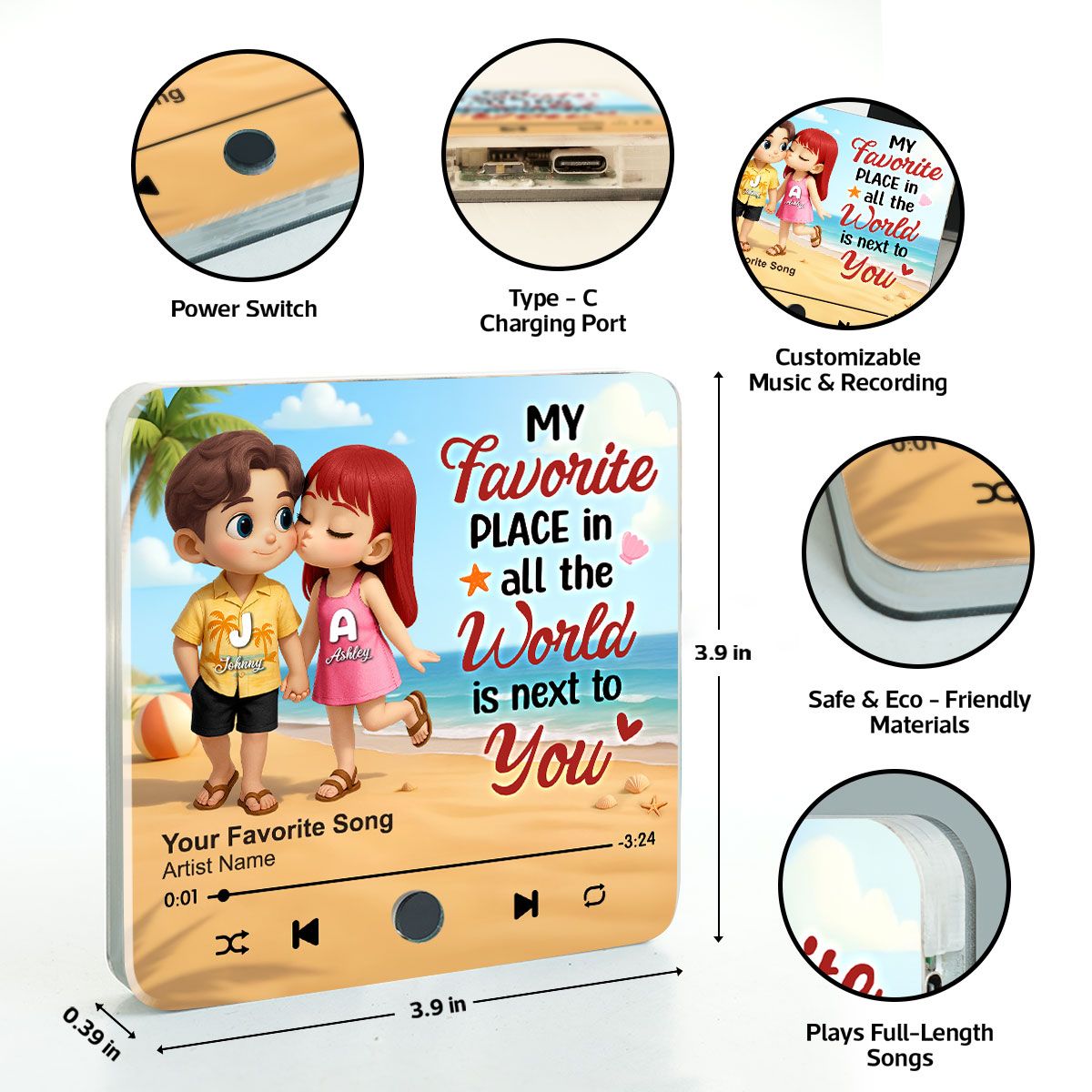 My Favorite Place in All the World is Next to You, Summer Cartoon Couple Personalized Music Fridge Magnet