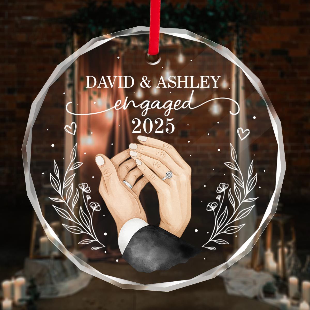 Couple Hands Forever Love First Christmas Engaged Personalized Glass Ornament, Gift For Newly Engaged Couple