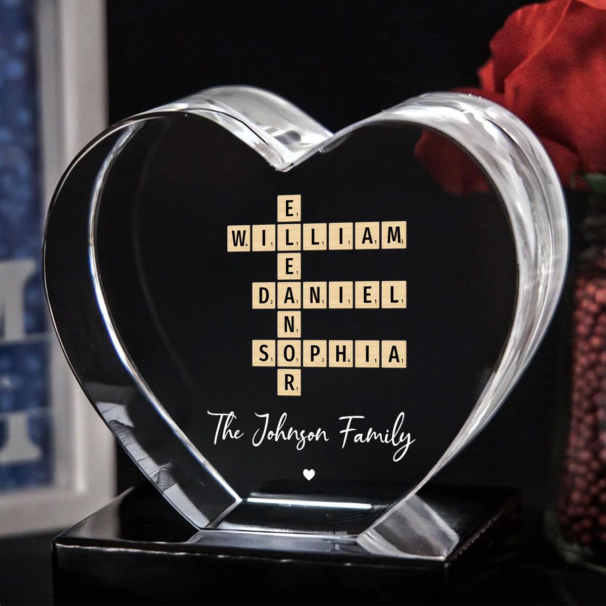 Family Names Crossword Art - Created In A Moment, Treasured Forever Personalized Heart Crystal LED