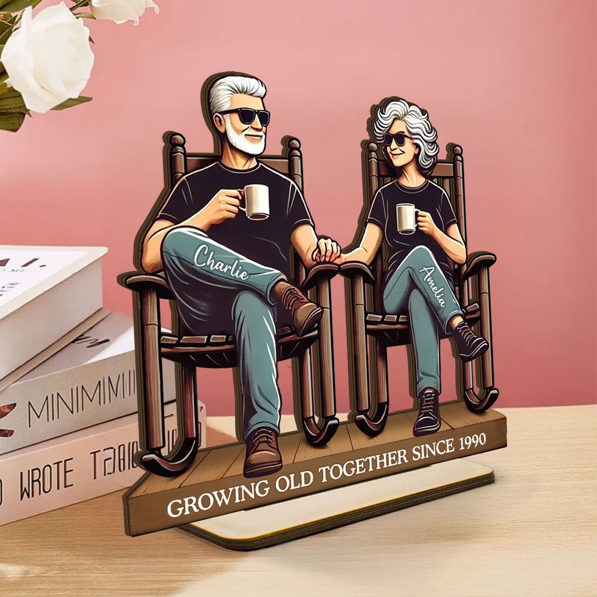 Old Couple Sitting On Front Porch Personalized Standing Wooden Plaque