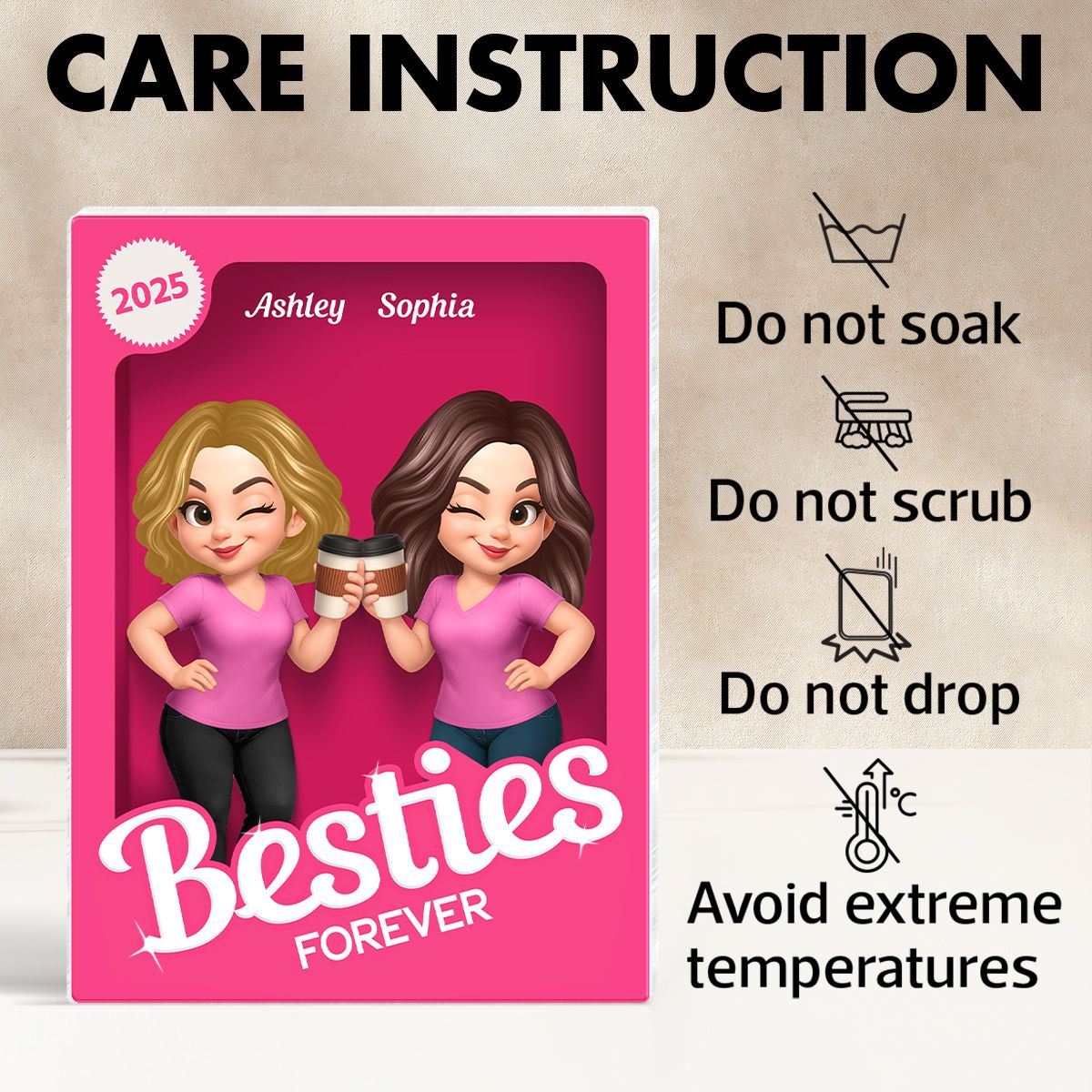 Besties Forever Pink Action Figure 3D Effect Personalized Acrylic Block, Meaningful Gift For Best Friend