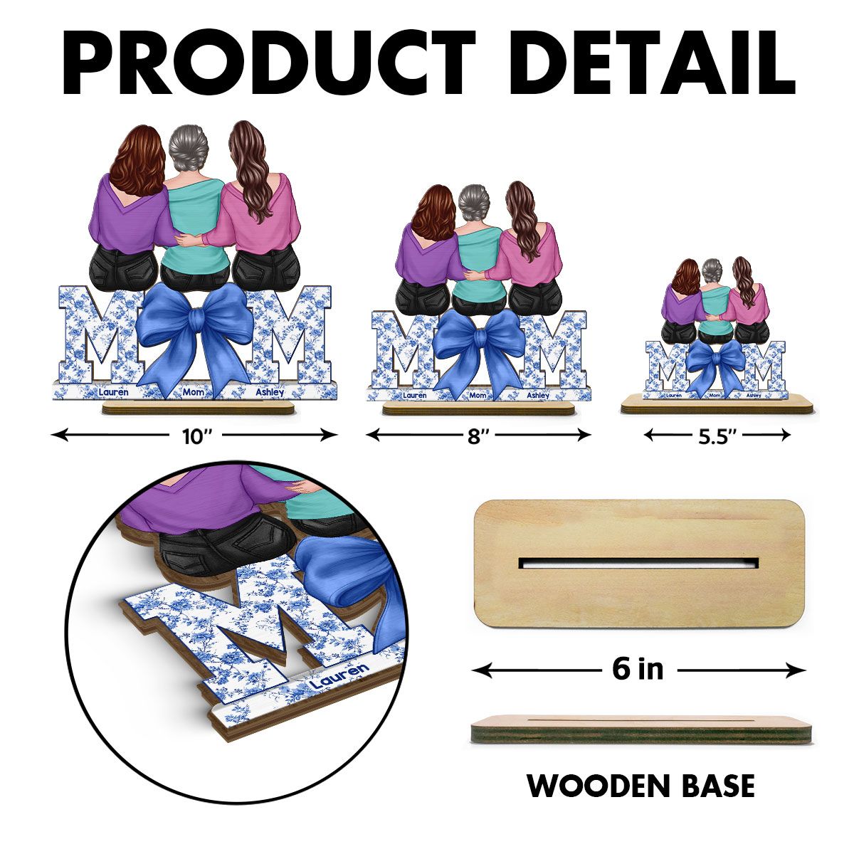 Mother Daughters Blue Floral Chinoiserie Personalized Standing Wooden Plaquer, Mother's Day Gift