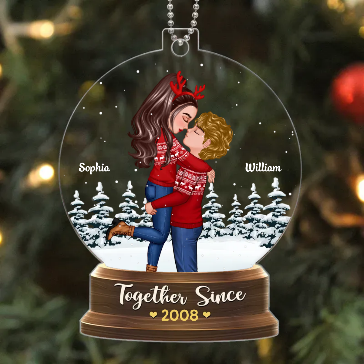 Couple Hugging In Christmas Night Snow Globe Personalized Acrylic Ornament