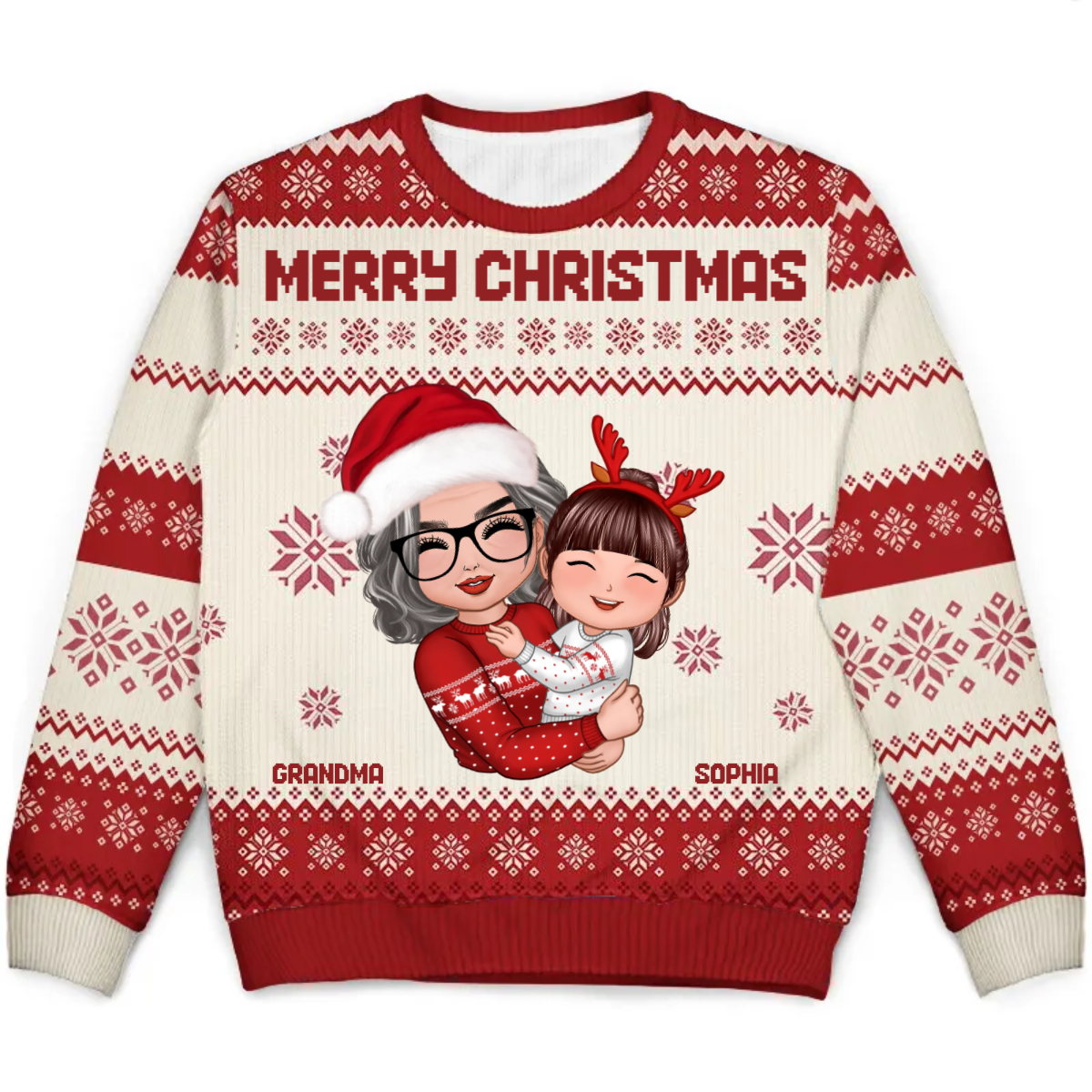 Grandma Mom Hugging Kid Christmas Gift For Granddaughter Grandson Personalized Unisex Ugly Sweater