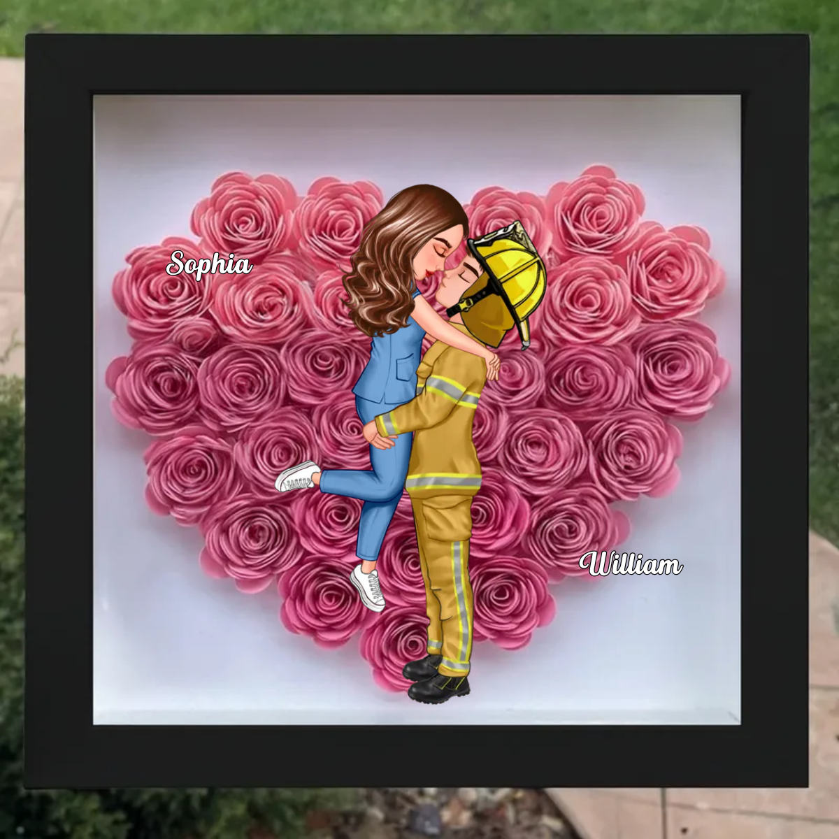 Gift For Couples by Occupation Gift For Her Gift For Him Firefighter, Nurse, Police Officer Personalized Heart Rose Shadow Box