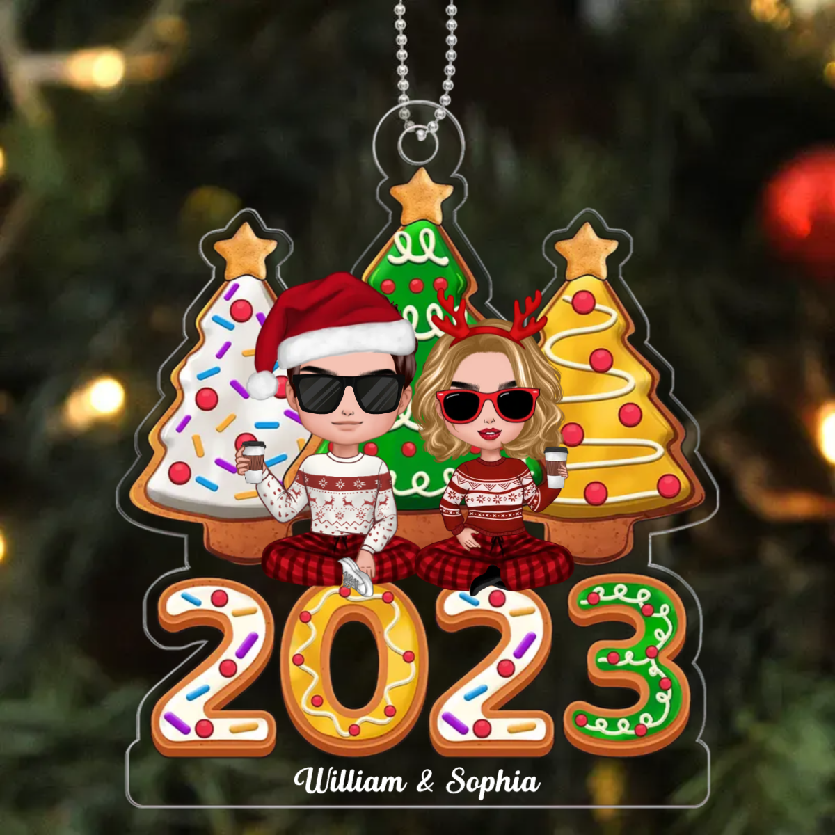 Christmas Tree Cookies Couples Sitting Personalized Acrylic Ornament