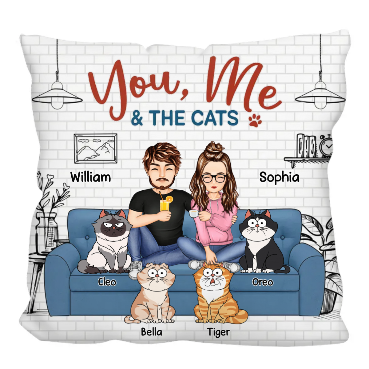 You And Me And The Cats - Gift For Cat Lovers - Personalized Pillow