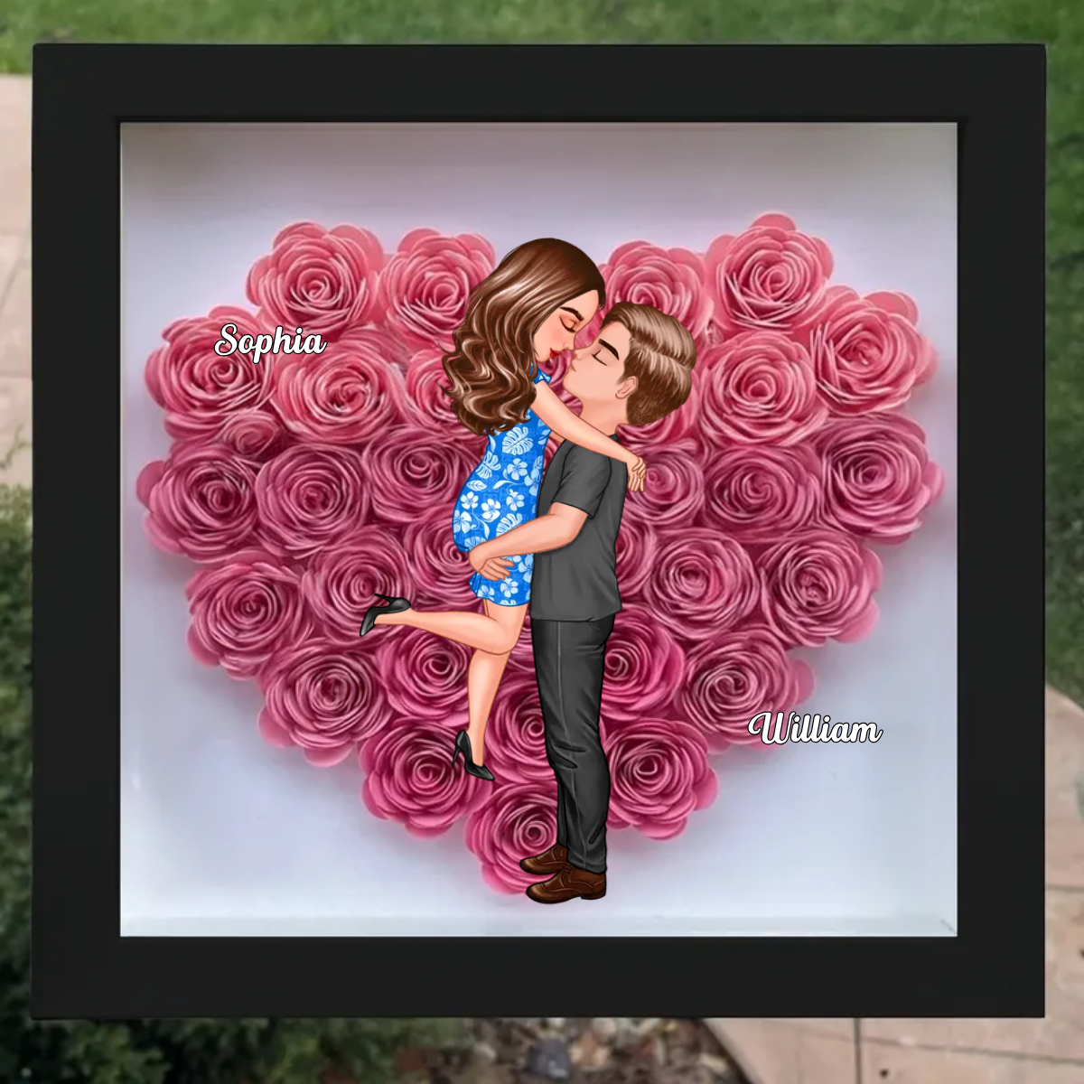 Couple Hugging Kissing - Gift For Couples - Personalized Custom Heart Rose Shadow Box