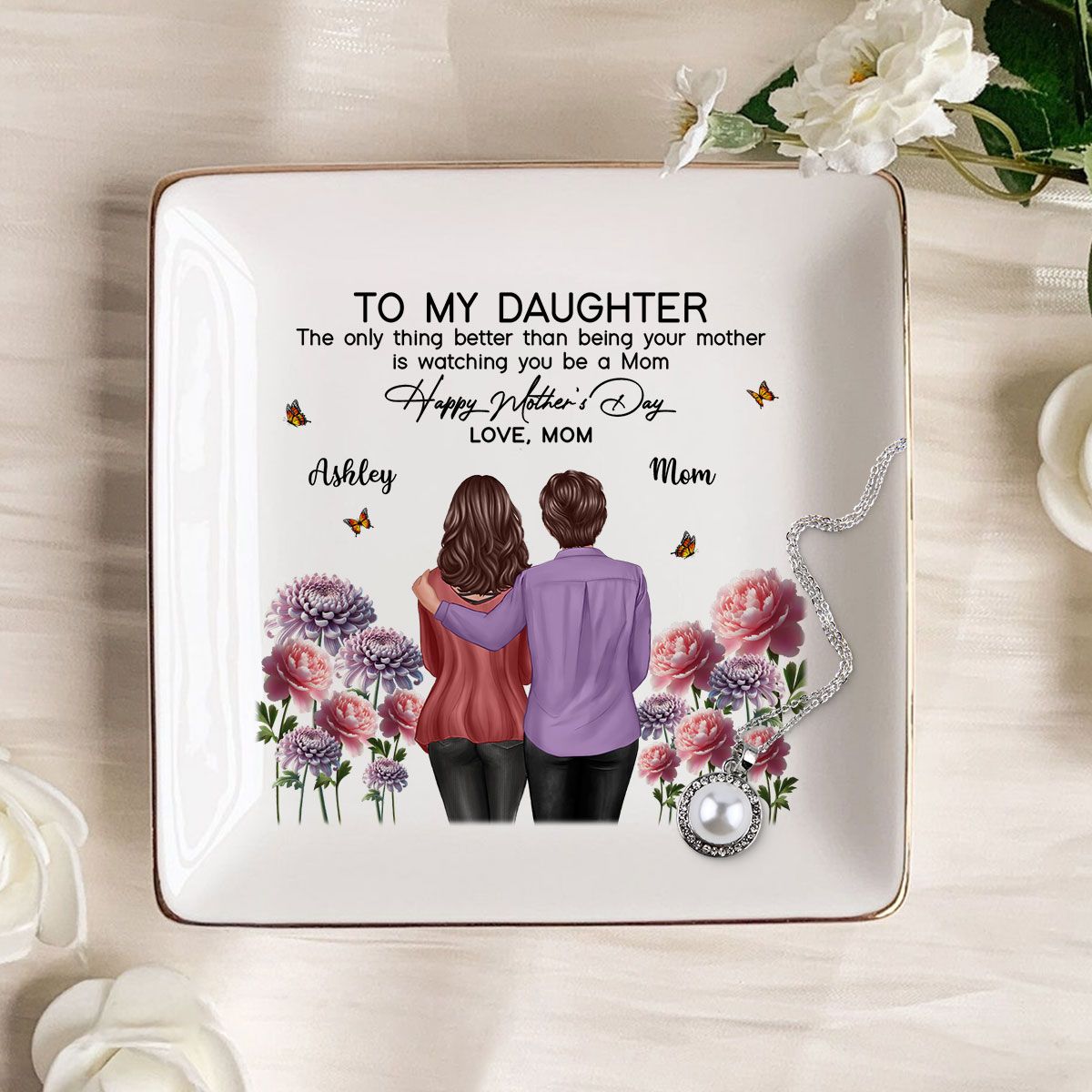 To My Daughter From Mom Happy Mother's Day Birth Flower Personalized Jewelry Dish, Mother's Day Gift For Daughter