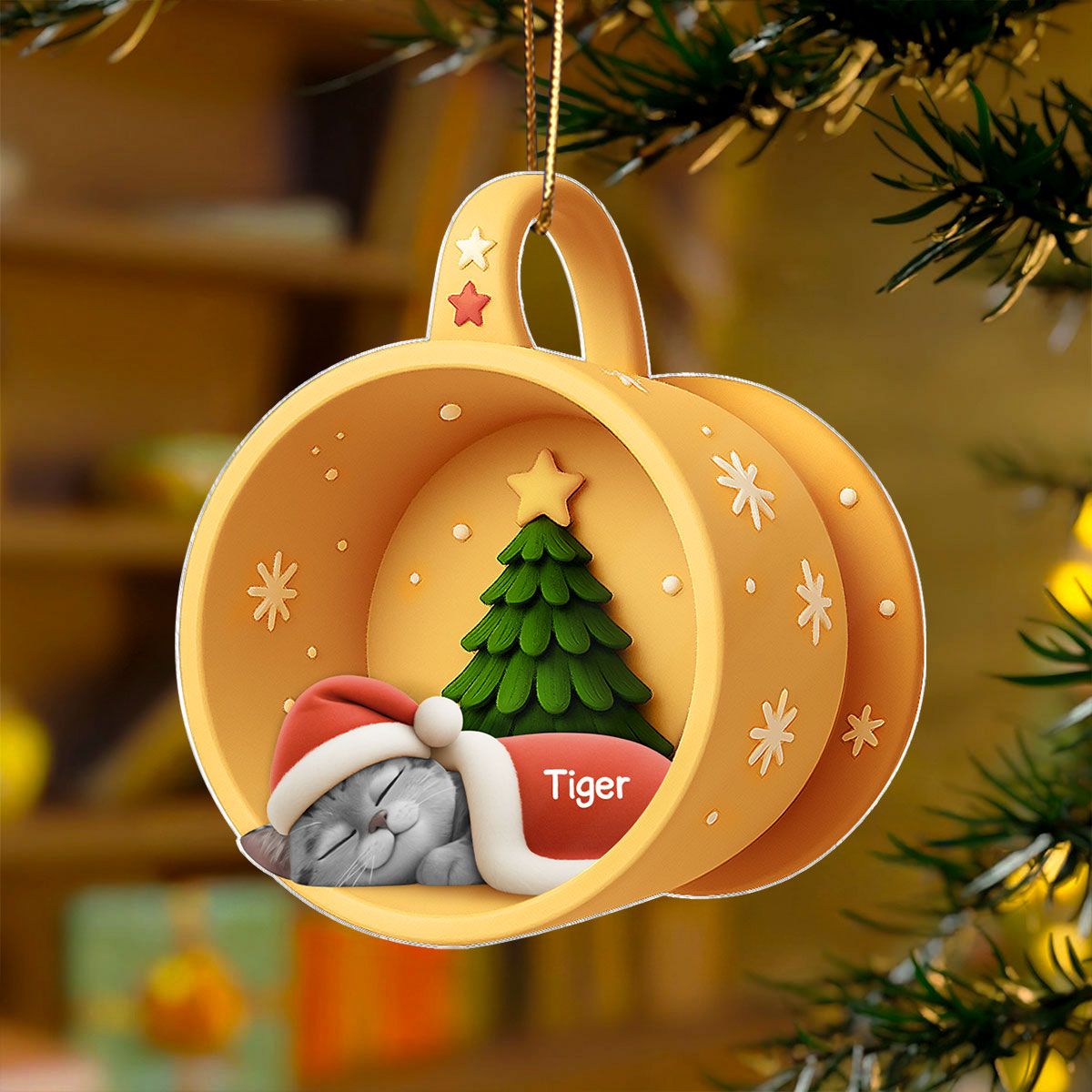 Christmas Sleeping Cats In Cozy Mug 3D Effect Personalized Acrylic Ornament