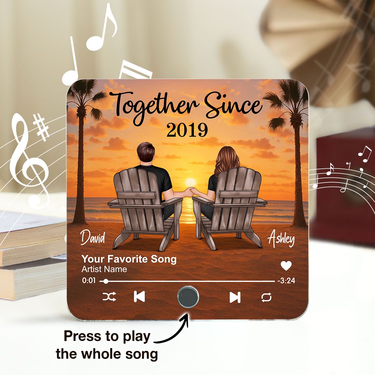 Couple Beach Sunset Under Tree Palm Personalized Music Fridge Magnet, Anniversary gift for him, for her