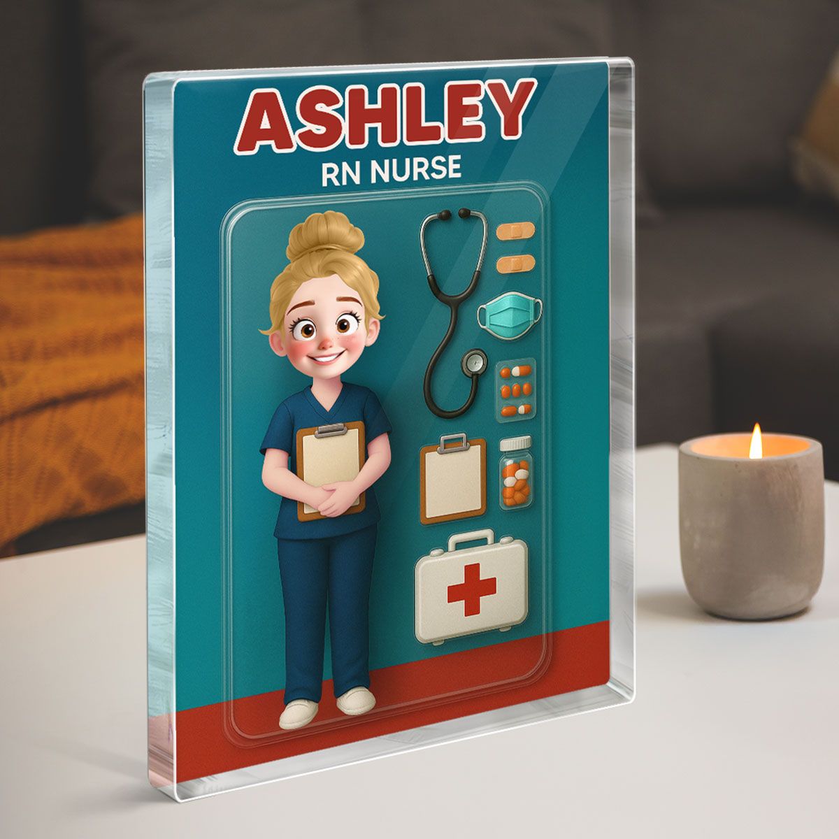 3D Effect Cartoon Funny Style Nurse Custom Figure Personalized Flat Rectangle Acrylic Block