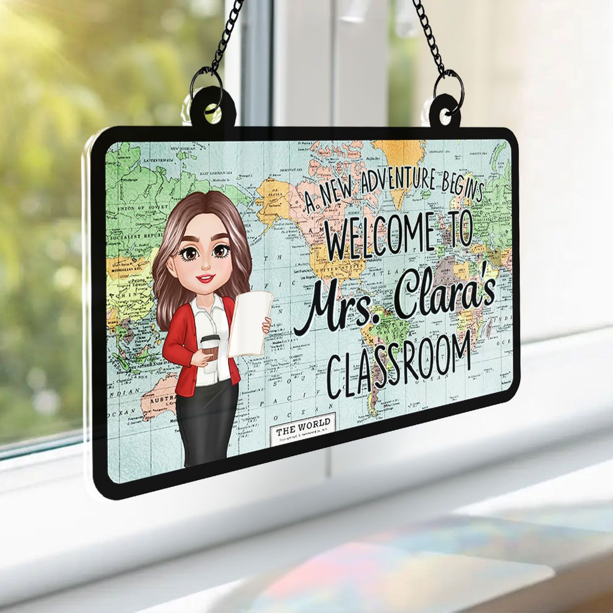 World Map Adventure Themed Welcome To Classroom Personalized Acrylic Suncatcher, Back To School, Classroom Decor