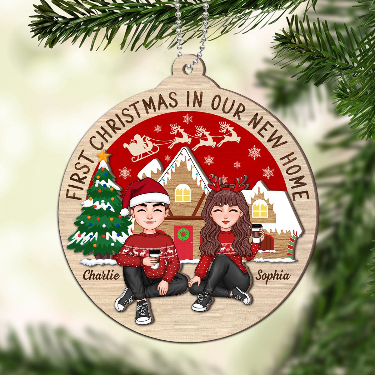 First Christmas In Our New Home Couple Sitting Personalized 2-Layer Ornament