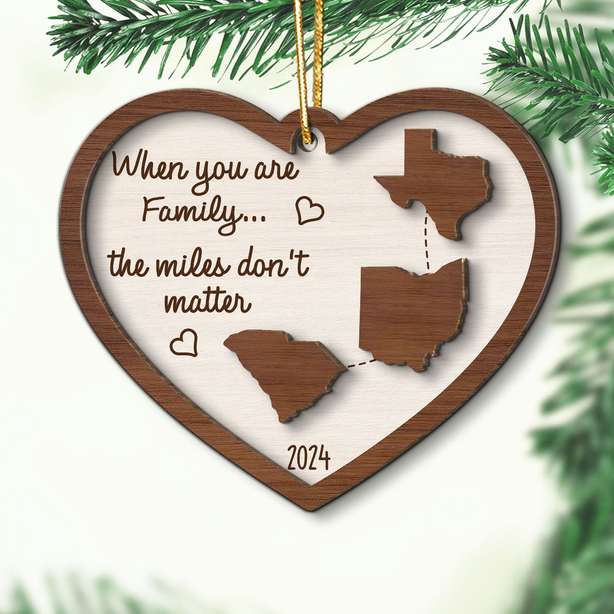 Miles Apart Long Distance Family Friendship State Map Personalized 2-Layer Wooden Ornament, Togetherness Keepsake