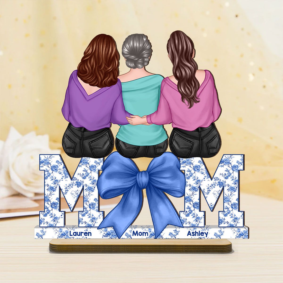 Mother Daughters Blue Floral Chinoiserie Personalized Standing Wooden Plaquer, Mother's Day Gift