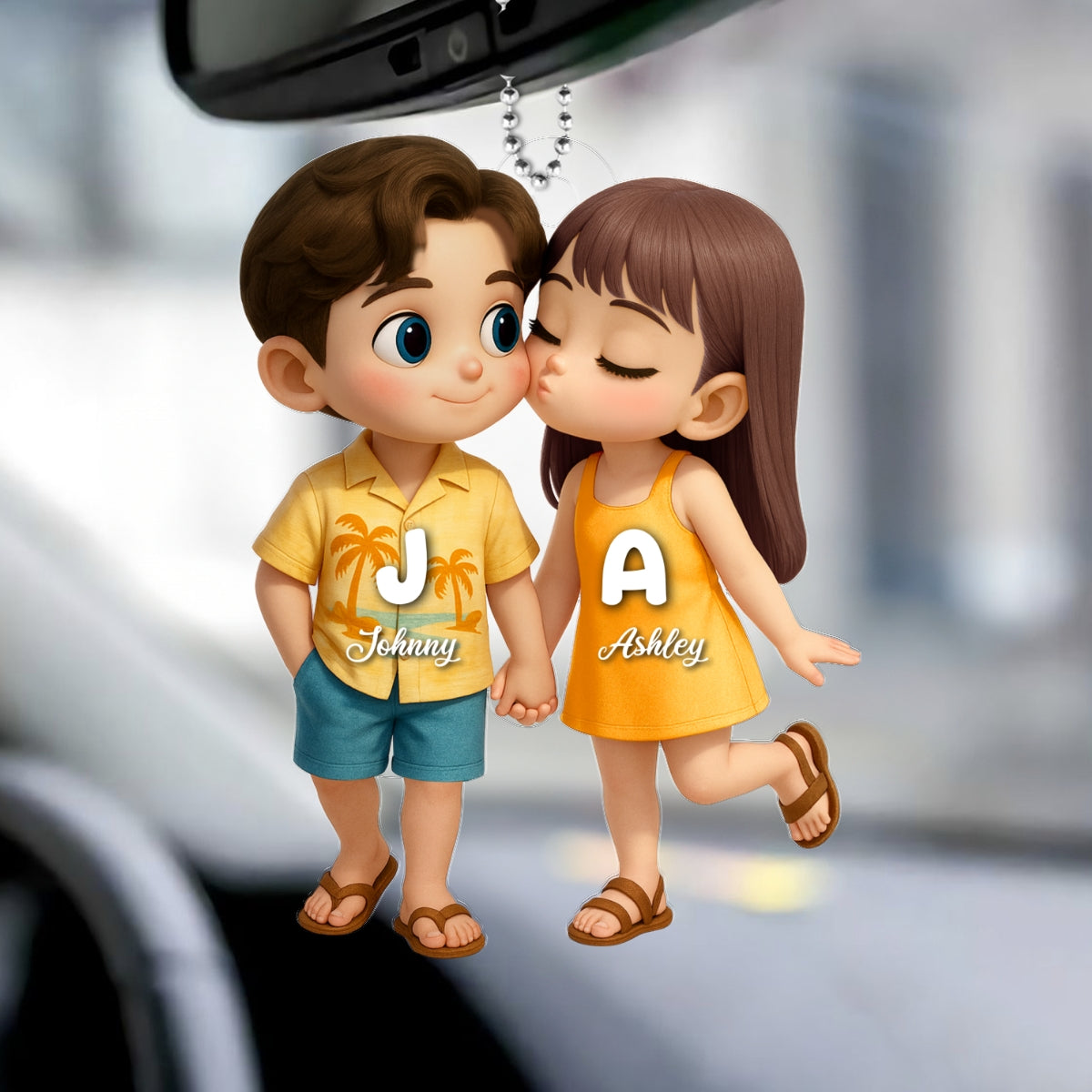 Cute Cartoon Couple Summer Vibe Personalized Acrylic Car Hanger, Gift for him, Gift for her