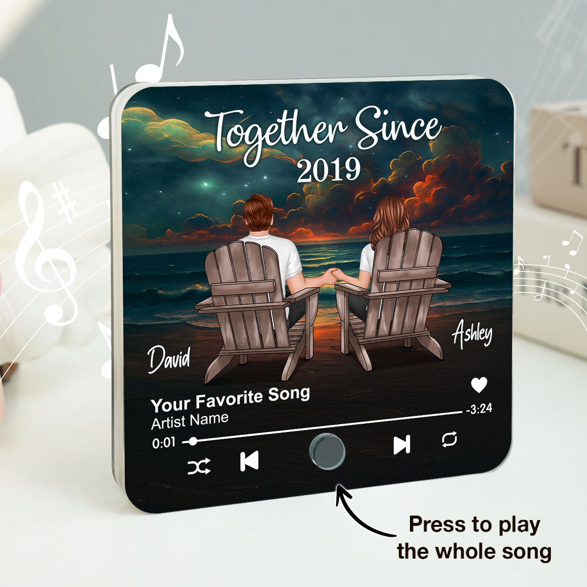 Night Beach Landscape Couple Sitting Back View Personalized Music Magnet