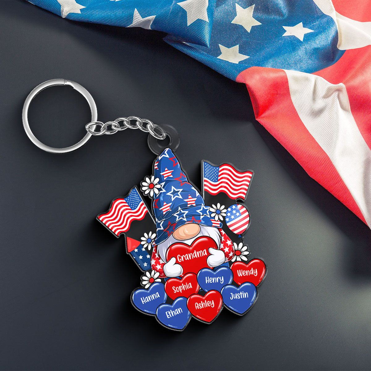 American Gnome Grandma Mom Heart, 4th Of July Personalized Acrylic Keychain