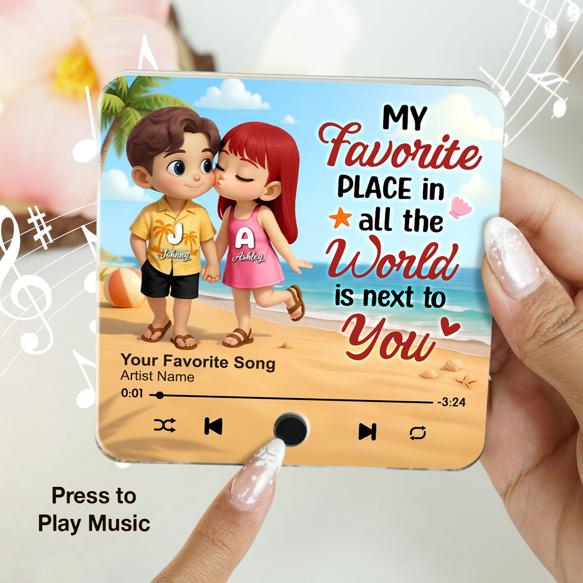 My Favorite Place in All the World is Next to You, Summer Cartoon Couple Personalized Music Fridge Magnet