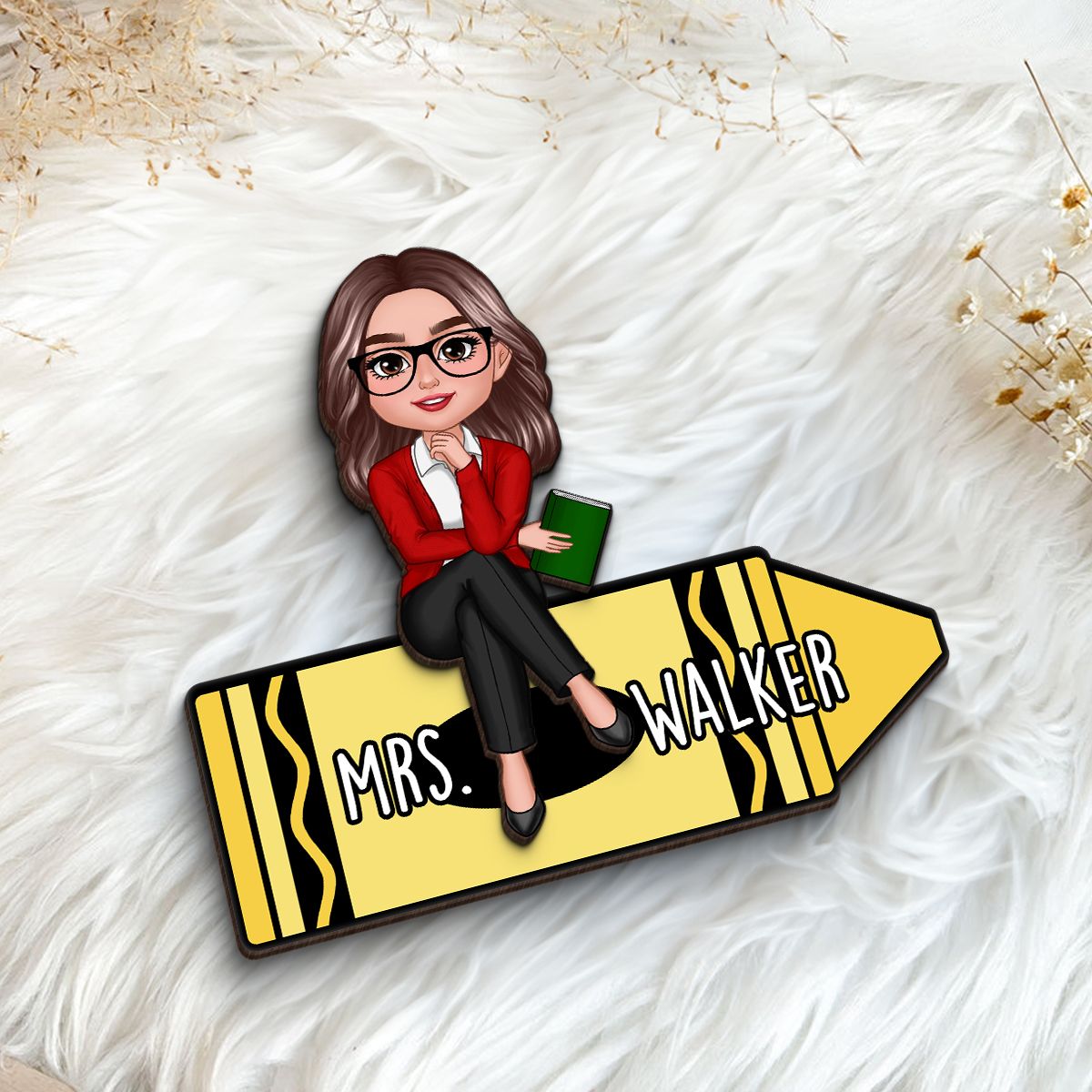 Doll Teacher Sitting On Crayon Personalized 2-Layer Wooden Plaque