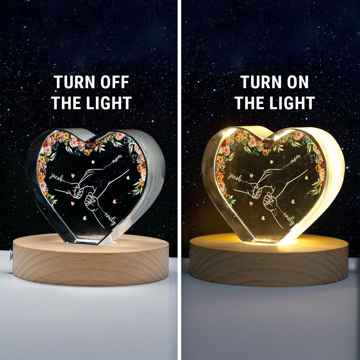 Personalized Name Mom And Kid Hands Premium Crystal Heart LED, A Timeless Treasure for Mom