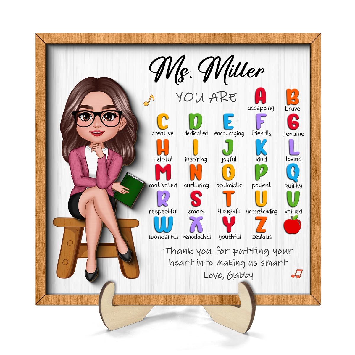 Teacher Appreciation Gift Thank You Alphabet Characteristics Teacher Sitting Personalized 2-Layer Wooden Plaque