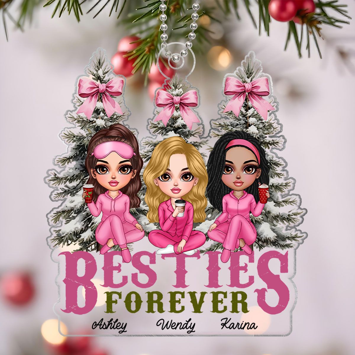 Besties Sisters Christmas Tree Pink Bow Personalized Acrylic Ornament