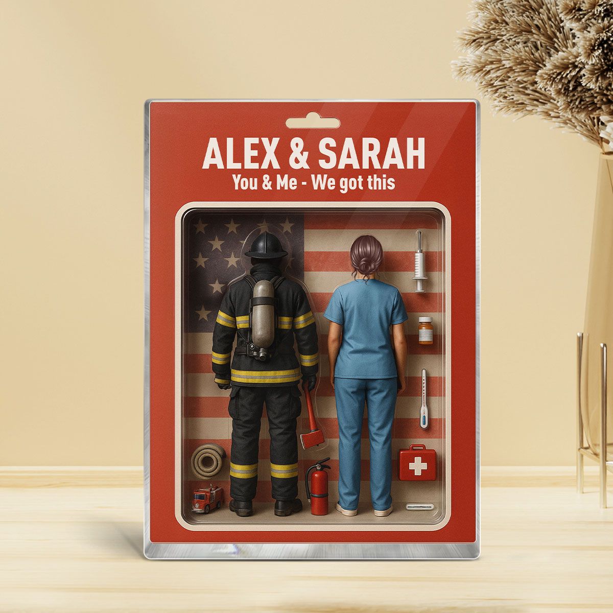 You & Me We Got This Firefighter & Nurse Couple Toy Box Figures Style Personalized Acrylic Block Plaque