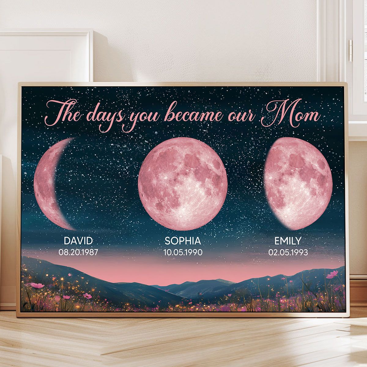 Personalized Birth Moon Canvas, Pink Moon Phase | A Heartfelt Gift for Mom’s Birthday, Mother’s Day, or Just Because
