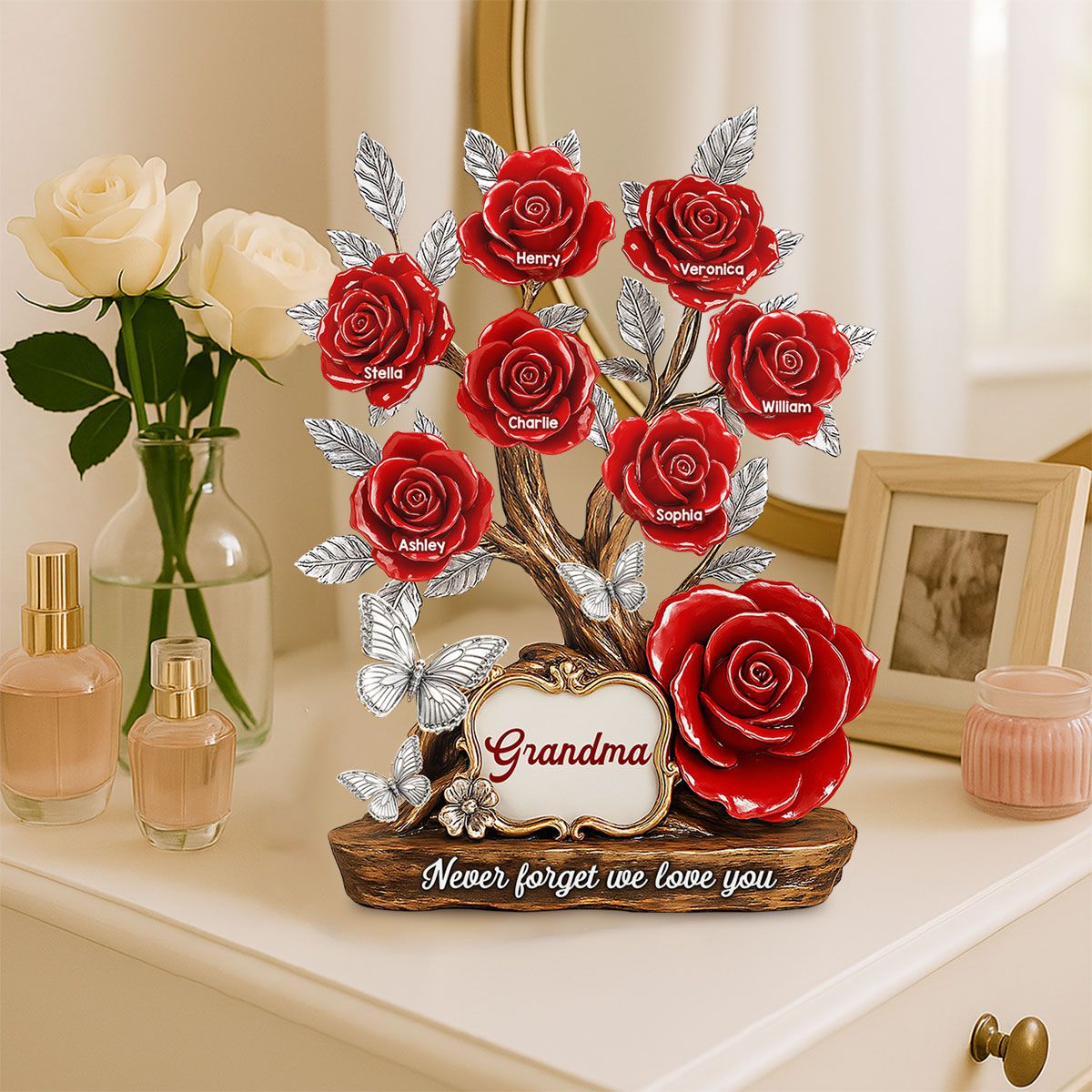 Mom Grandma & Kids Names On Roses Personalized Acrylic Block Plaque