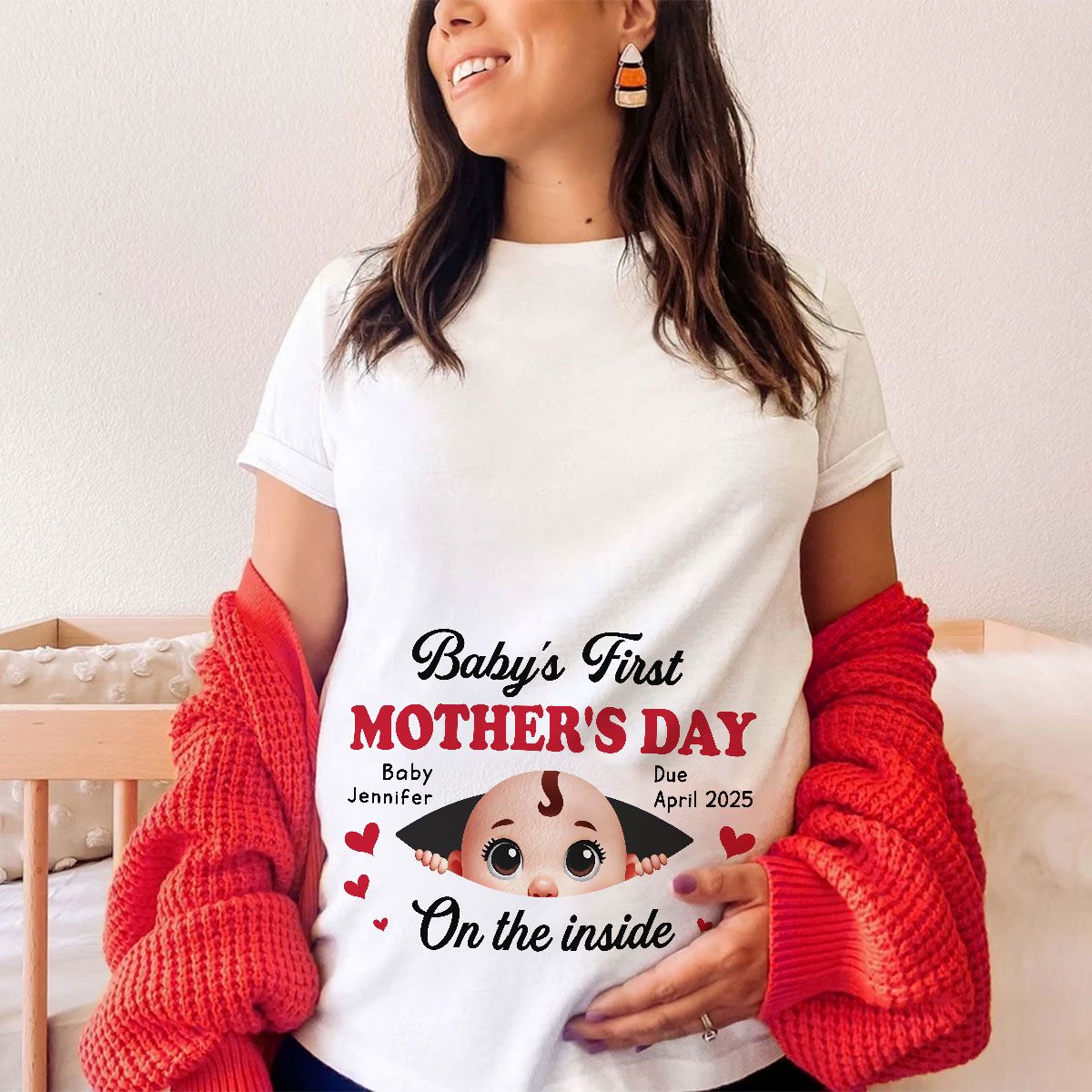 Baby First Mother's Day On The Inside Personalized Shirt, Custom Pregnancy Reveal Shirt, Mother's Day Gift For Expecting Moms