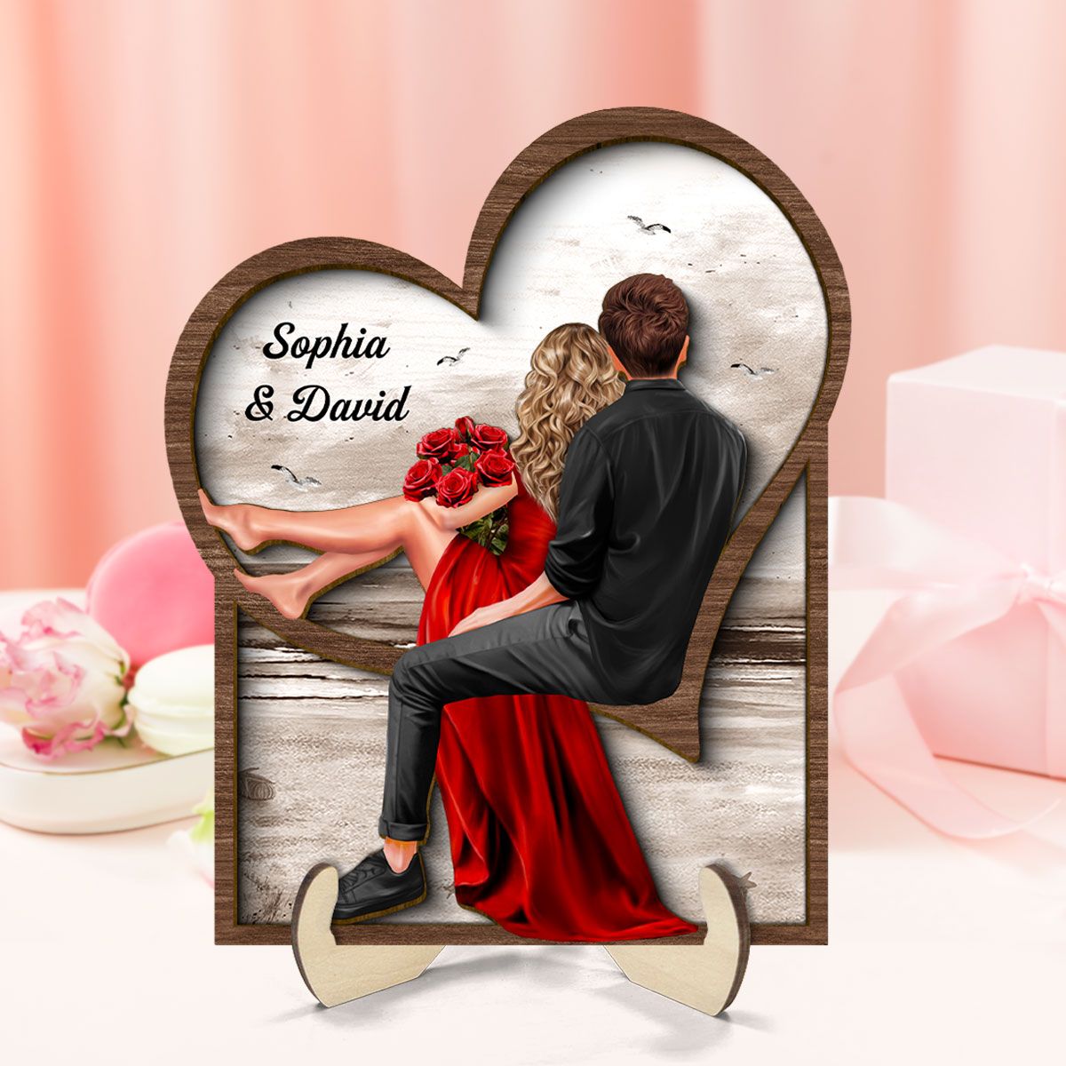 Landscape Heart Couple Sitting Back View 2-Layer Wooden Plaque, Heartfelt 2025 Personalized Couple Gift For Valentine's Day, For Her, For Him