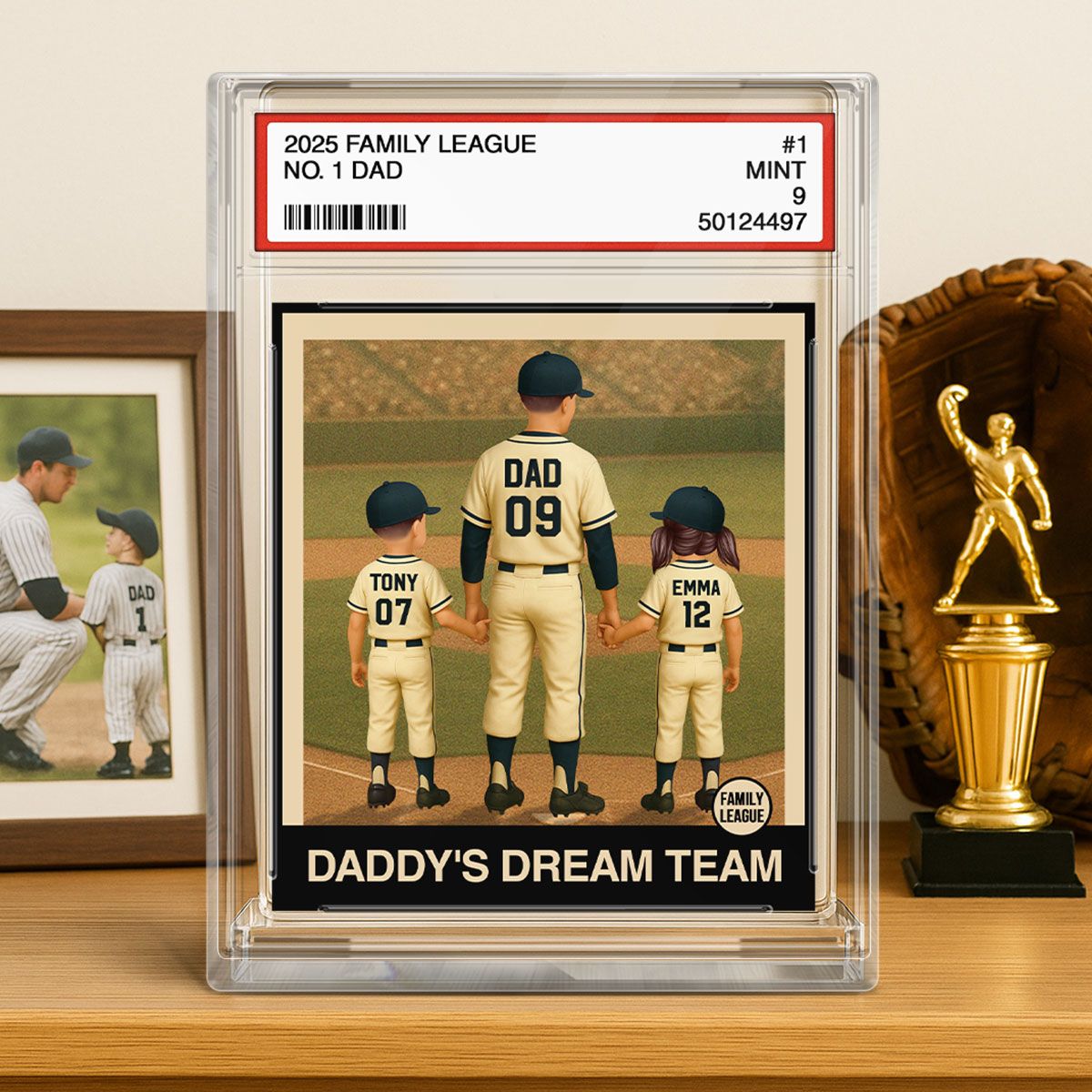 Baseball No. 1 Dad Grandpa Man & Kids Trading Card Style Personalized Acrylic Block Plaque
