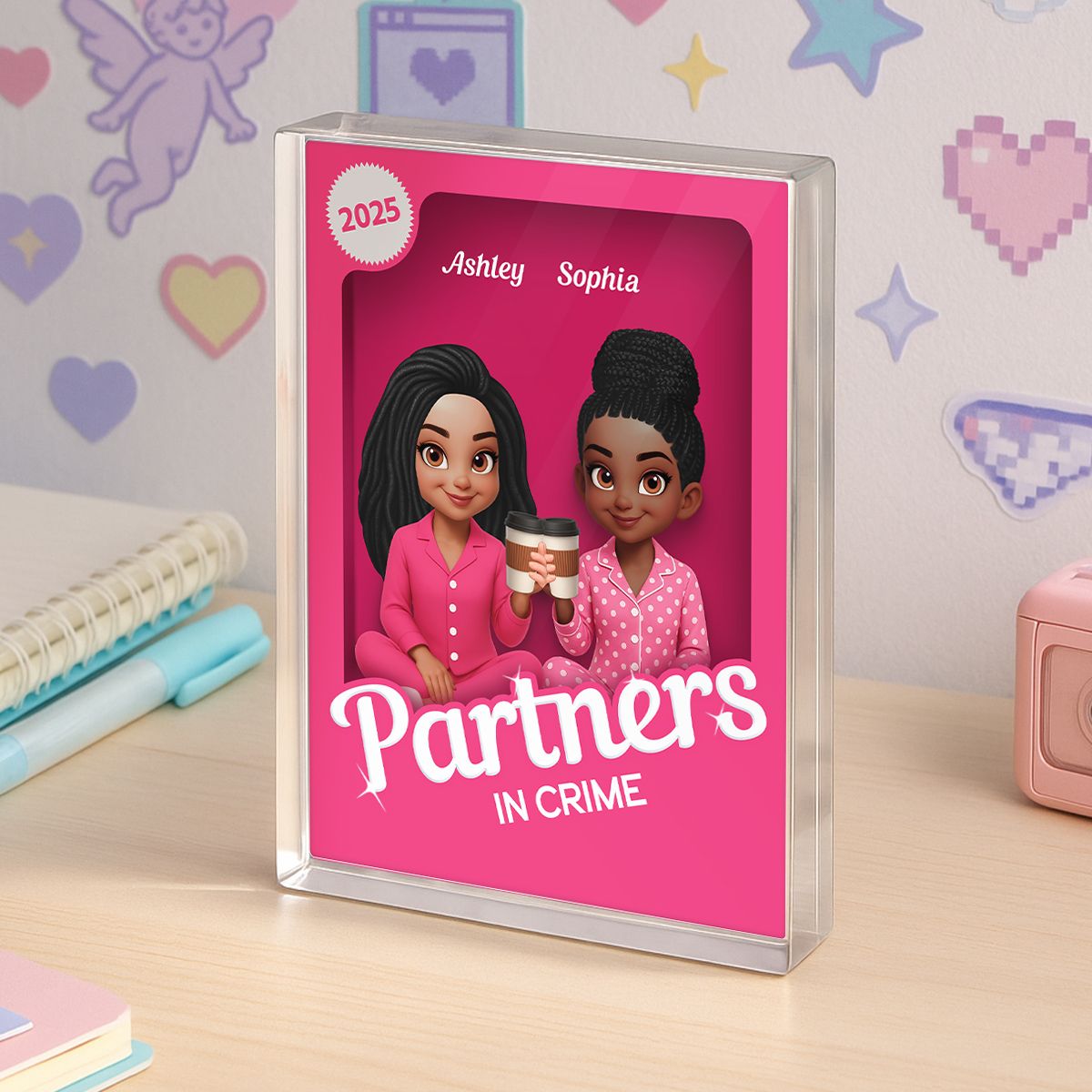 Pink Pajamas Besties 3D Effect Action Figure Personalized Acrylic Block
