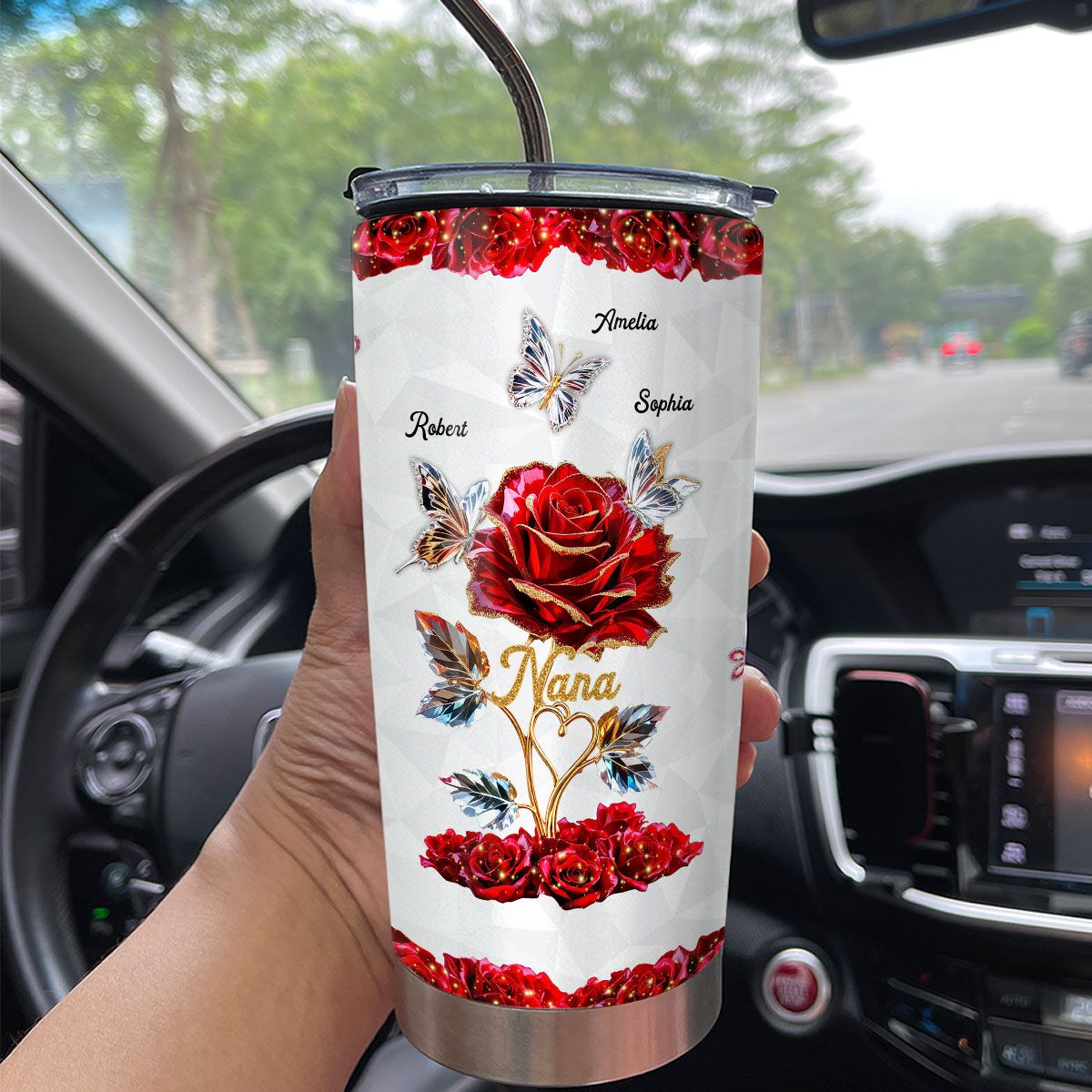 Beautiful Rose & Butterflies Gift For Grandma Mom 3D Effect Personalized Tumbler