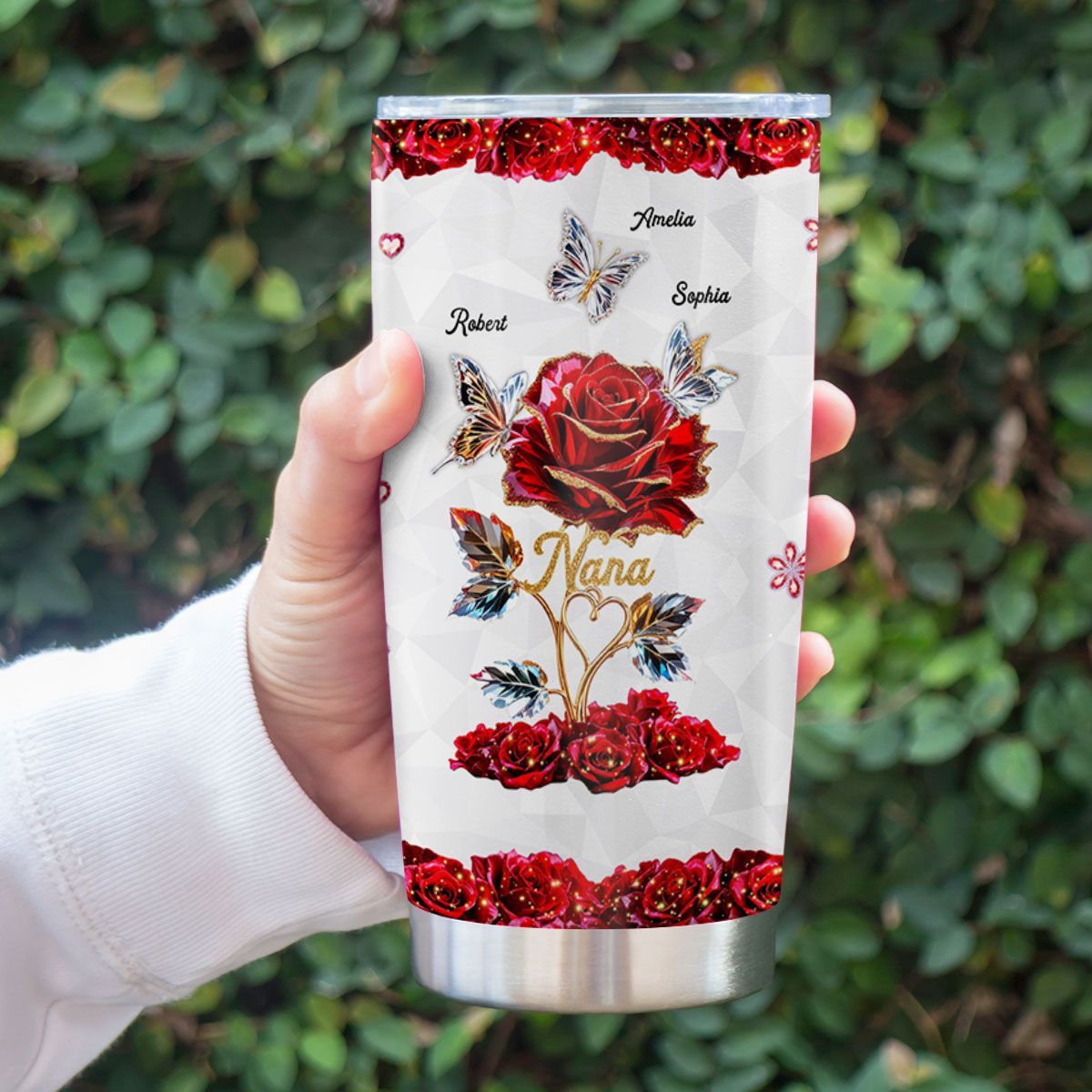 Beautiful Rose & Butterflies Gift For Grandma Mom 3D Effect Personalized Tumbler