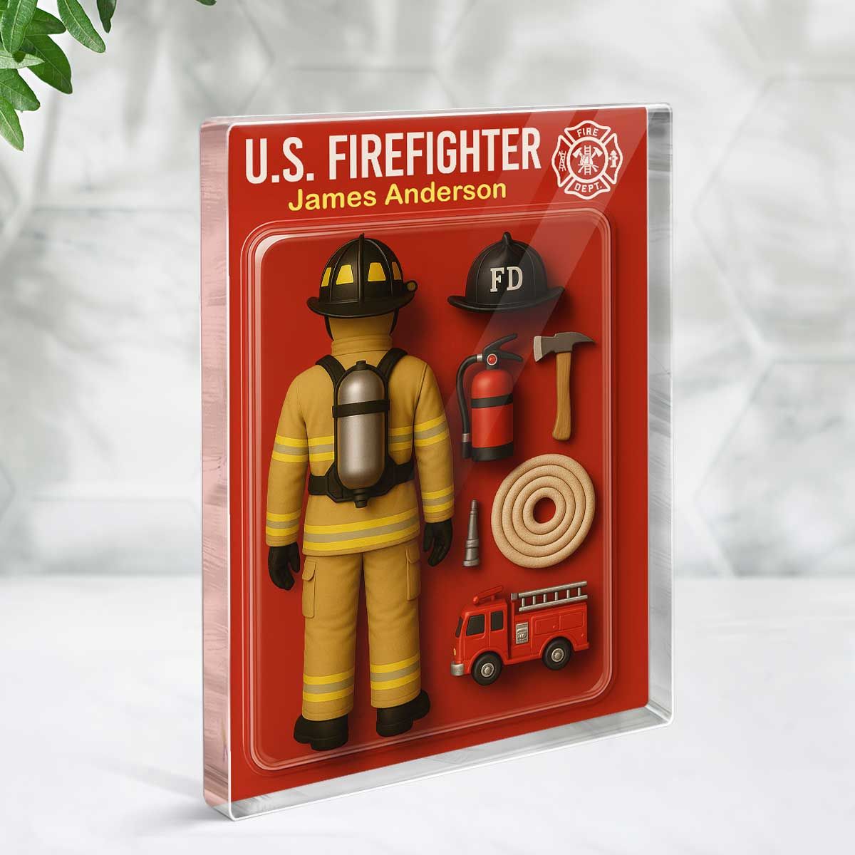 Back View Firefighter Action Figure Pack Packaging Personalized Rectangle Acrylic Block
