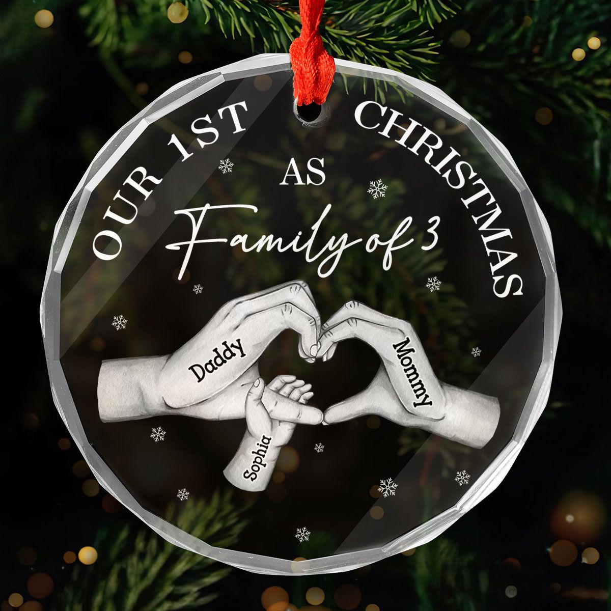 First Christmas As Family Of Three Family Heart Hands Personalized Glass Ornament